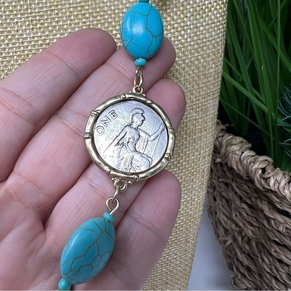 Chico's necklace turquoise howlite coin jewelry two sided gold silver tone - Picture 8 of 11